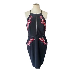 Bisou Bisou Embroidered Halter Dress – Black Red Floral, Size 10
